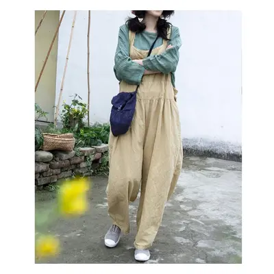 (light yellow, One Size) Johnature Women Vintage Cotton Linen Pants Solid Color Patchwork Clothe