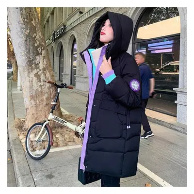 (black, M) Winter Plus Size Women&apos;s Loose Cotton Clothes Medium Long Cotton Jacket Hong Kon