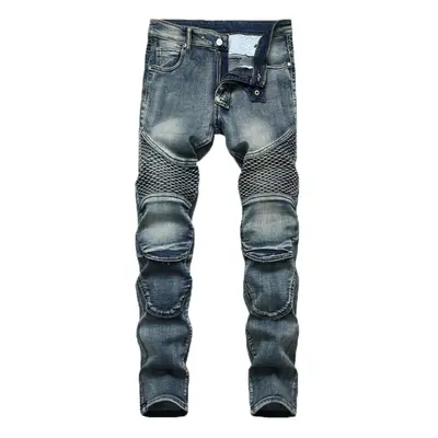 (light blue, XXXXL) Fashion Men&apos;s Casual Stretchy Pleated Jeans Slim Fit Denim Pants