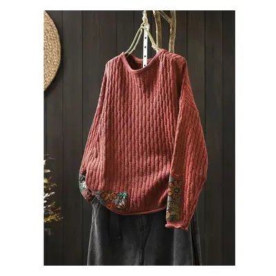 (One Size, red) Johnature Woman Winter Vintage Patches O-neck Loose Sweater Niche Casual Long Sl