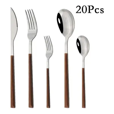 (brown,silver, 4set/ 20pcs) Western Dinnerware Set Wood Handle Stainless Steel 10/20/30/40pcs St