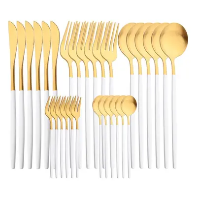 (white,gold) 30pcs White Gold Cutlery Set Matte Dinnerware Knife Fork Spoons Stainless Steel Sil