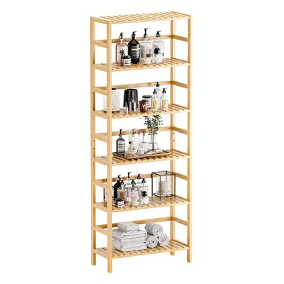 (Natural) Bamboo Shelf, 6-Tier Adjustable Tall Open Bookcase, Bathroom Storage Rack Freestanding