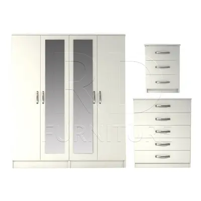 Ready assembled Pcs Classic Door Double Mirrored Wardrobe, Chest And Bedside Set White