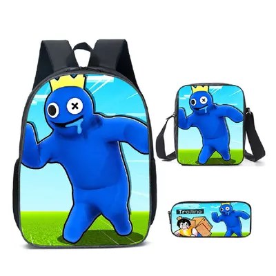 (Blue) 3Pcs/Set Rainbow Friends Kids Child Schoolbag Backpack Rucksack Shoulder Crossbody Bag Pe