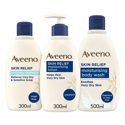 Aveeno Skin Relief Bundle Body Wash Body Lotion & Shampoo for Sensitive Dry Skin and Scalp, Blue