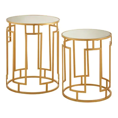 Premier Housewares Set Of Round Bedside Table For Lamp Mirror Tops With Gold Finish Tables For L