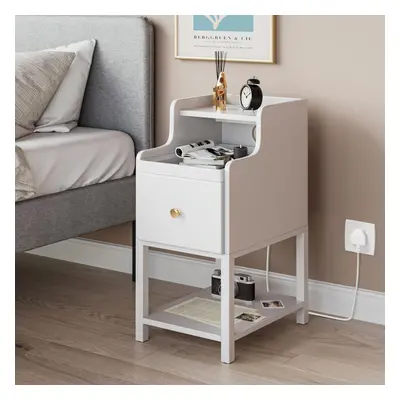 White Wood Bedside Table with Drawer and Charging Station,Narrow Side Table with Charging Outlet