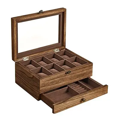 SONGMICS Watch Box with Slots, Solid Wood Watch Case with Pillows, Jewellery Box with Glass Lid,