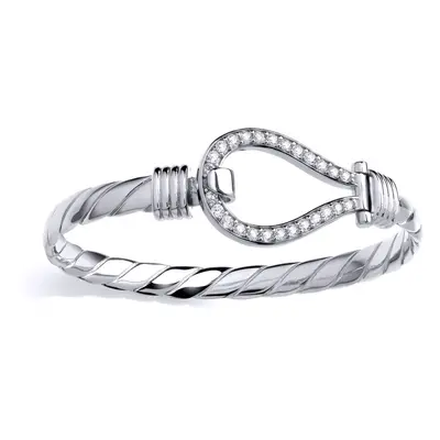 Jewelco London Mens Rhodium Plated Sterling Silver CZ Rope Twist Stirrup Loop Hook Bangle Bracel