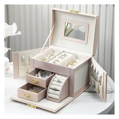 (pink, 17.5*14*13cm) Large Jewelry Box Organizer Girls Pu Leather Drawer Jewellery Boxes Earring