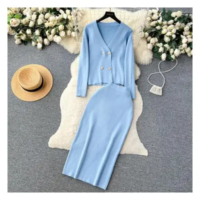 (blue, One Size) Women Chic Elegant Elastic Bodycon Dress Sexy Long Sleeve Fashion Double Breast