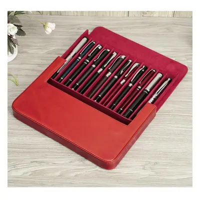 (red) Handmade Genuine Leather Pen Case Multicolor Slots Luxury Pen Box Pen Holders Office Schoo