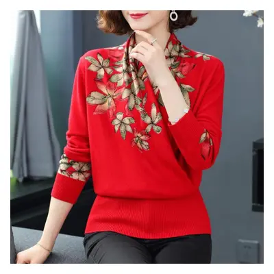 (XXL, red) Autumn And Winter Ladies Sweater Print Pattern Knit Sweater Round Neck Long Sleeve Lo