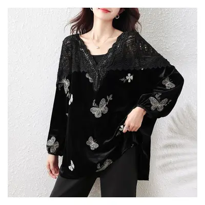 (M, black) Women&apos;s Plus Size V-neck Lace Hollow Velvet Top Autumn Loose Fit Bead Sequins