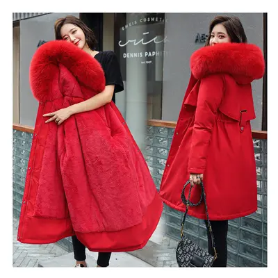 (M(47-53kg), red) Fashion Coat Winter Fake Fur Collar Oversized Long Jacket Woman Warm