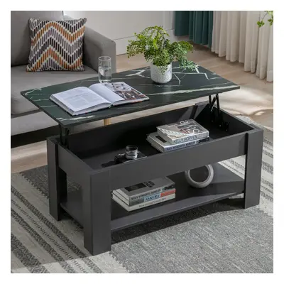 ((Grey + Marble Black)) Lift Top Up Coffee Table With Storage Drawer Shelf