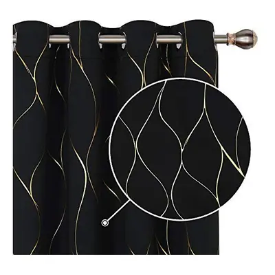 Deconovo Blackout Curtains, Gold Wave Foil Printed Curtains, Thermal Insulated Eyelet Curtains f