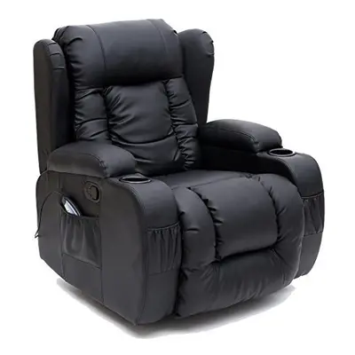 (Black) CAESAR WINGED LEATHER RECLINER CHAIR ROCKING MASSAGE SWIVEL HEATED GAMING