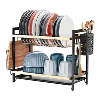 2 Tier Dish Drainer, Dish Drying Rack with Drip Tray, Sink Draining Board with Utensil & Cutting