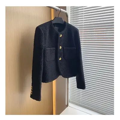 (L, Black) Women Autumn Black Tweed Jacket Single Breasted O-neck Elegant