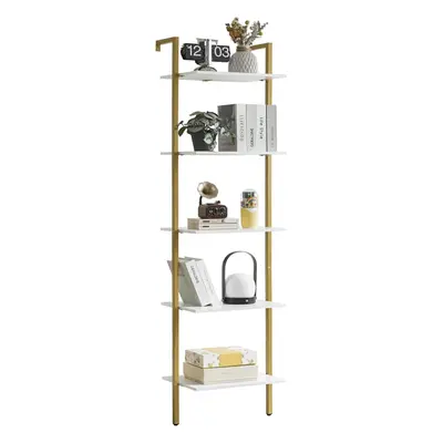 (White) Bookshelf Wall Mounted, Ladder Shelf, 5-Tier Bookcase Rack, Storage Unit with Metal Fram