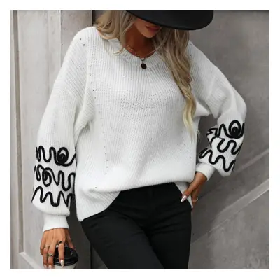 (white, M) Gmxia Women&apos;s Fashion Casual Solid Color Print Autumn Winter Long Sleeve O-neck 