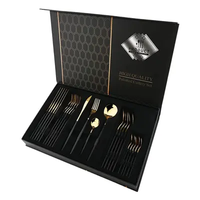 (black,gold, 24pcs with box) Luxury 24pcs Rose Gold Dinnerware Set Knife Fork Spoon Cutlery Set 