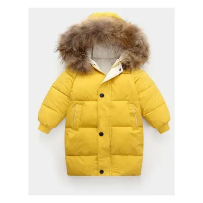 (yellow, 130cm) Big Fur Collar Children&apos;s Down Jacket Boy&apos;s Cotton Coat Mid-length Gir