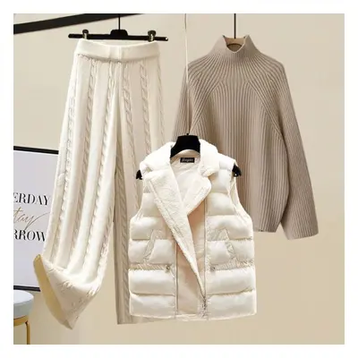 (khaki, XXXXL) Autumn And Winter Women&apos;s Set Vest Knitted Sweater Versatile Wide Leg Pants 