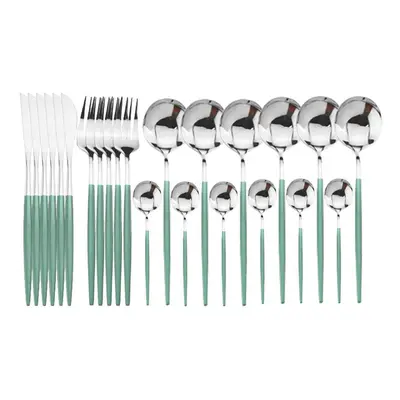 (mint green,silver) 24pcs Black Gold Dinnerware Set Stainless Steel Cutlery Set Kitchen Fork Kni