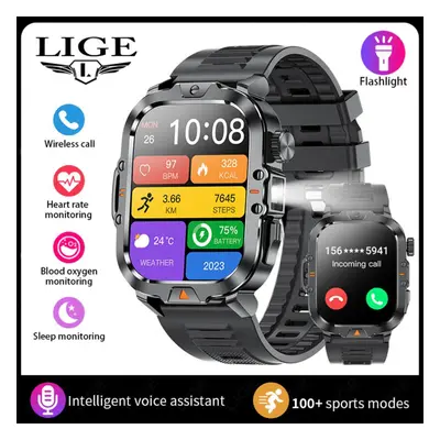 (black, Silicone strap) Lige Led Flashlight Smart Watch 2.01" Tft Large Screen Sports Fitness He