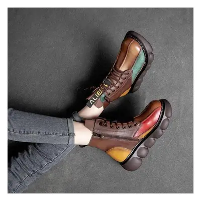 (dark brown, 40) Autumn New Women&apos;s Short Boots Lace-up Thick Sole Rainbow Vintage Soft Lea