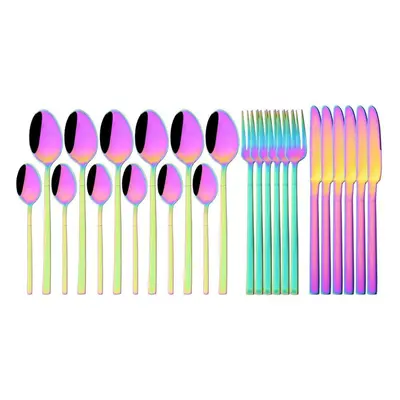 (24pcs-Rainbow) 24pcs Rainbow Color Cutlery Set Knife Fork Spoon With Rack Dinnerware Set Stainl