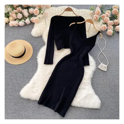 (black, One Size) Women Autumn Winter Twist Crop Sweater Hip Dress Knit Set For Laides Solid Col