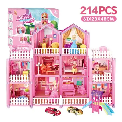 (as the picture, pieces set) Doll House Girl Villa Princess Castle Set Children Play House Simul