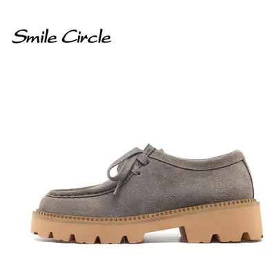 (grey, 39) Cow Suede Chunky Women Shoes Round Toe Lace Up Thick Shoes Fashion Casual Women Flat 