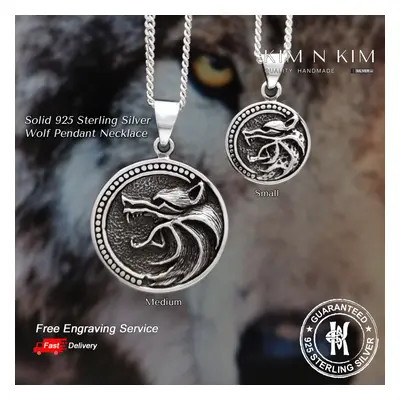 (Medium, inches) Witcher Wild Hunt Wolf Pendant Necklace /Sterling Silver /Free engraving