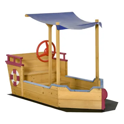 Outsunny Kids Wooden Sand Pit Sandbox Pirate Sandboat Outdoor w/ Canopy Shade