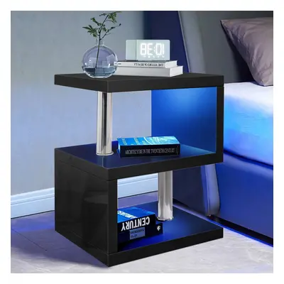 ((Black)) High Gloss Tier Side Coffee Table With Led Light