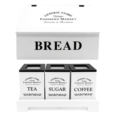 White Tea, Coffee Sugar Jars + Bread Bin Wooden Spice Storage Bundle