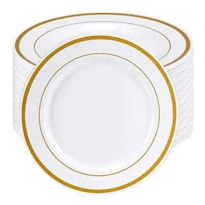 SEUNMUK Pack 7.5 Inch Reusable Premium Plastic Dining Plates with Gold Rim, Multi-Use Plastic Di