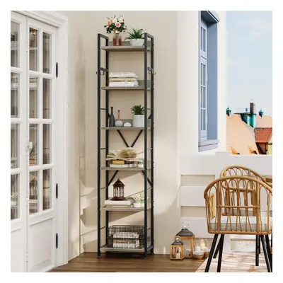 (Grey) Floor Standing Book Shelf with Hooks, Wooden Shelf and Metal Frame Book Rack Industrial T