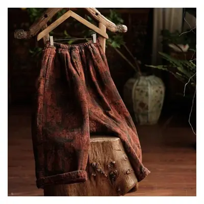 (dark red, One Size) Johnature Women Winter Warm Wide Leg Pants Print Floral Elastic Waist Plus 