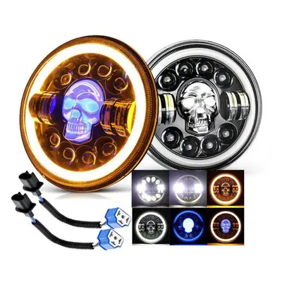 (2pcs) Inch Round Led Skull Headlight Far Near Light Drl With Turn Signal Angel Eyes