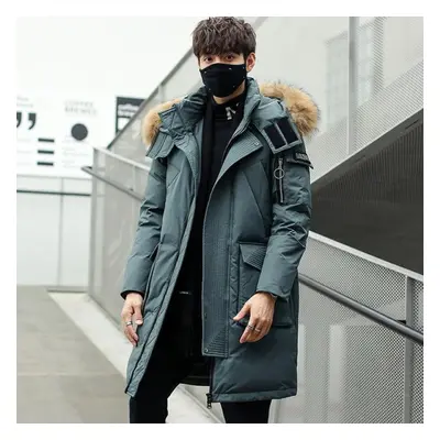 (lake blue, M) Winter Long Down Jacket Detachable Hat Large Wool Collar Men&apos;s Down Jacket K