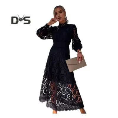 (black, 2XL) Women Dress Hollow Out Lace Stand Collar Bubble Sleeve Tight Waist See-through Doub