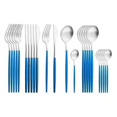 (blue,silver) 24pcs Gold Matte Cutlery Set Stainless Steel Dinnerware Set Silver Knife Fork Spoo