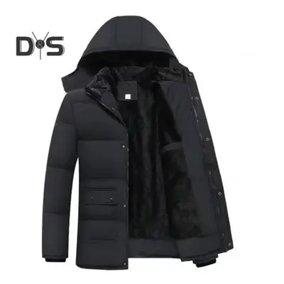 (black, XXXXXL) Men Down Jacket Hooded Long Sleeve Zipper Closure Jacket With Pockets Solid Colo