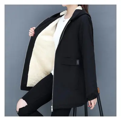 (black, 4XL) Autumn And Winter Thickened Warm Lamb Wool Cotton Coat Women&apos;s Mid-length All-